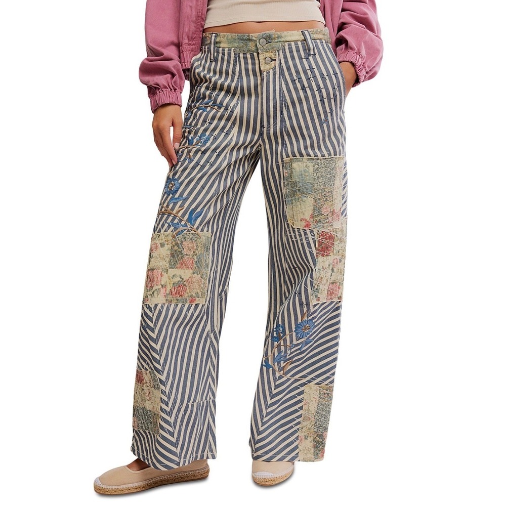 Free People Runyon Patched Pants West Ridge White Striped Floral Size 12 NWT